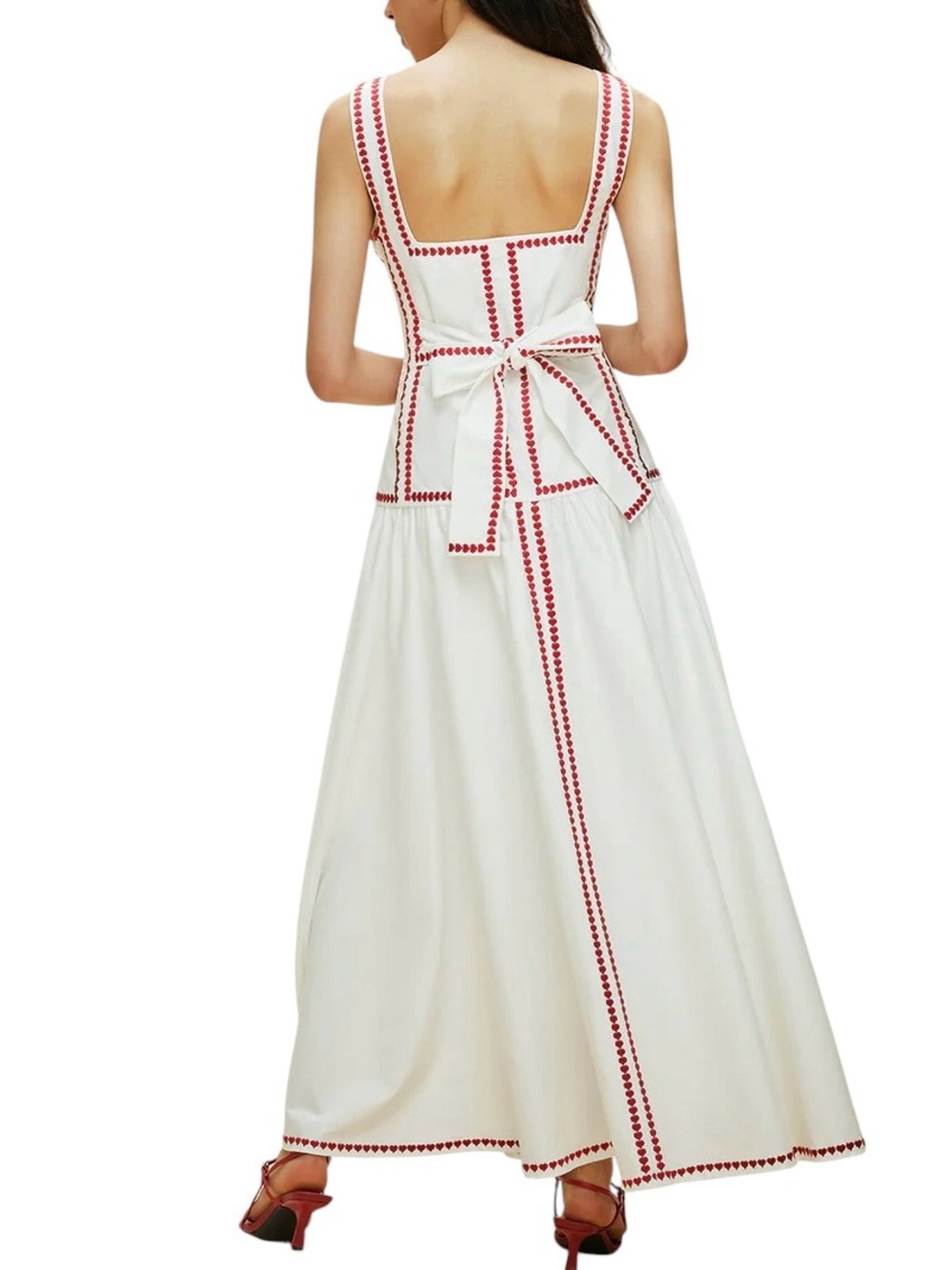 Commense White Red Heart Embroidered Trim Cotton Maxi Dress Medium NWT Tie Back - Picture 2 of 12